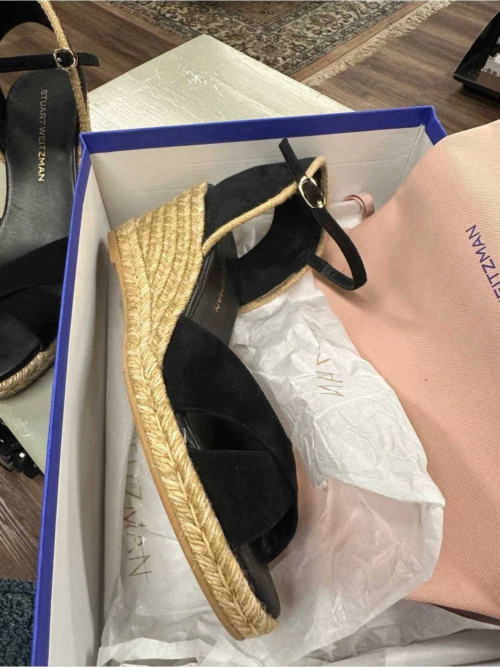 Stuart Weitzman Dayna Suede Espadrille Wedges black leather and jute size 10.5